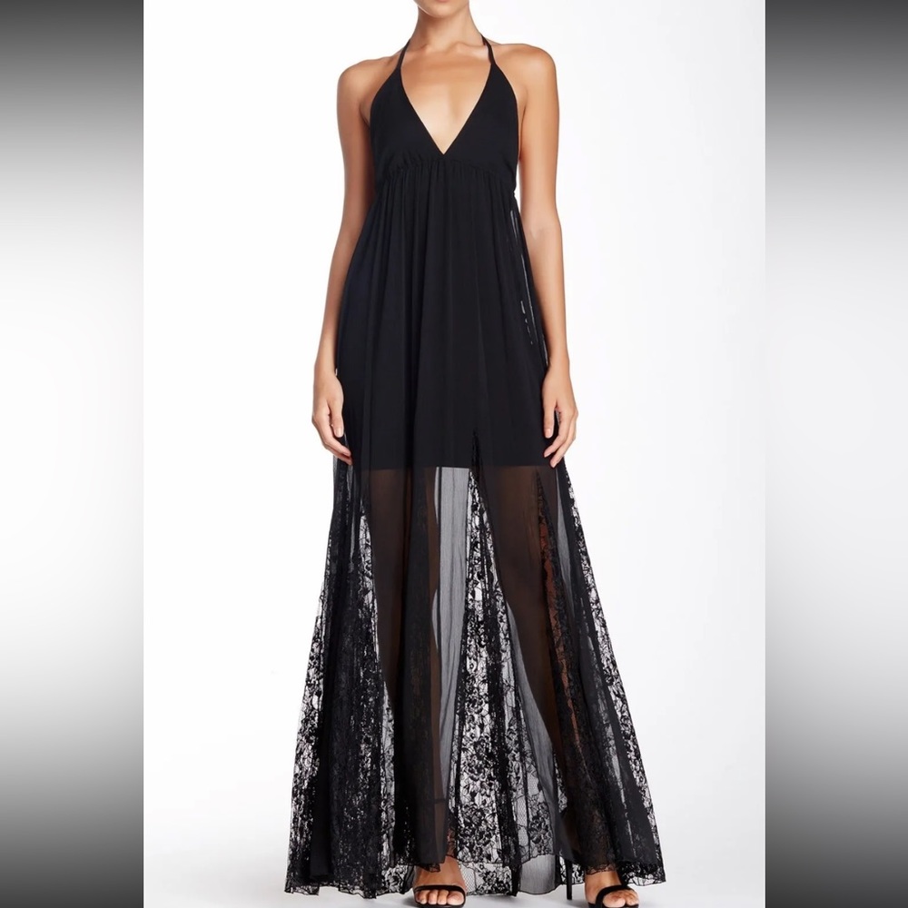 Alice + Olivia black halter maxi dress with sheer lace detail.